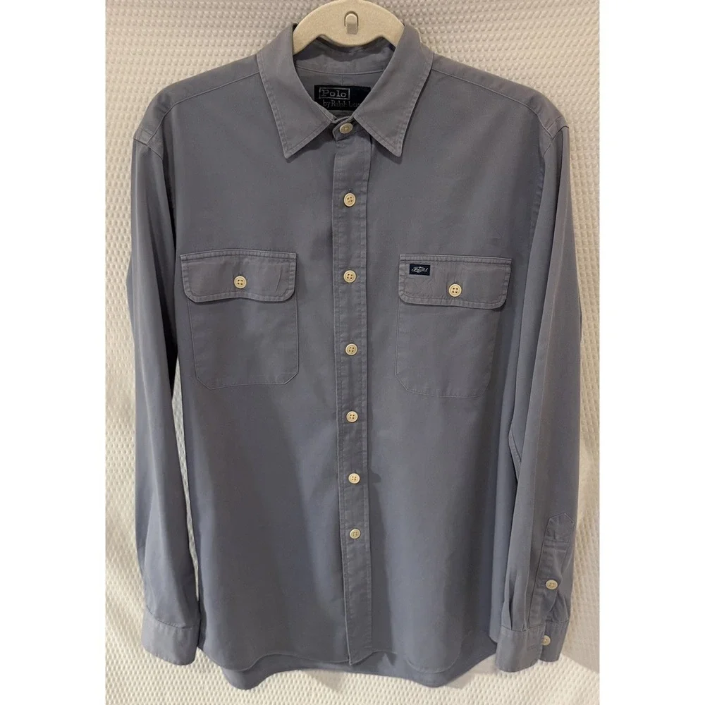 Ralph Lauren Polo Shirt Mens Medium Gray Blue Button Up Long Sleeve Flap Pockets